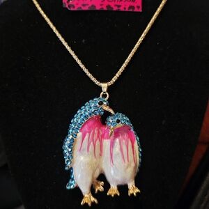 Betsey Johnson Blue and Pink Penguin Necklace